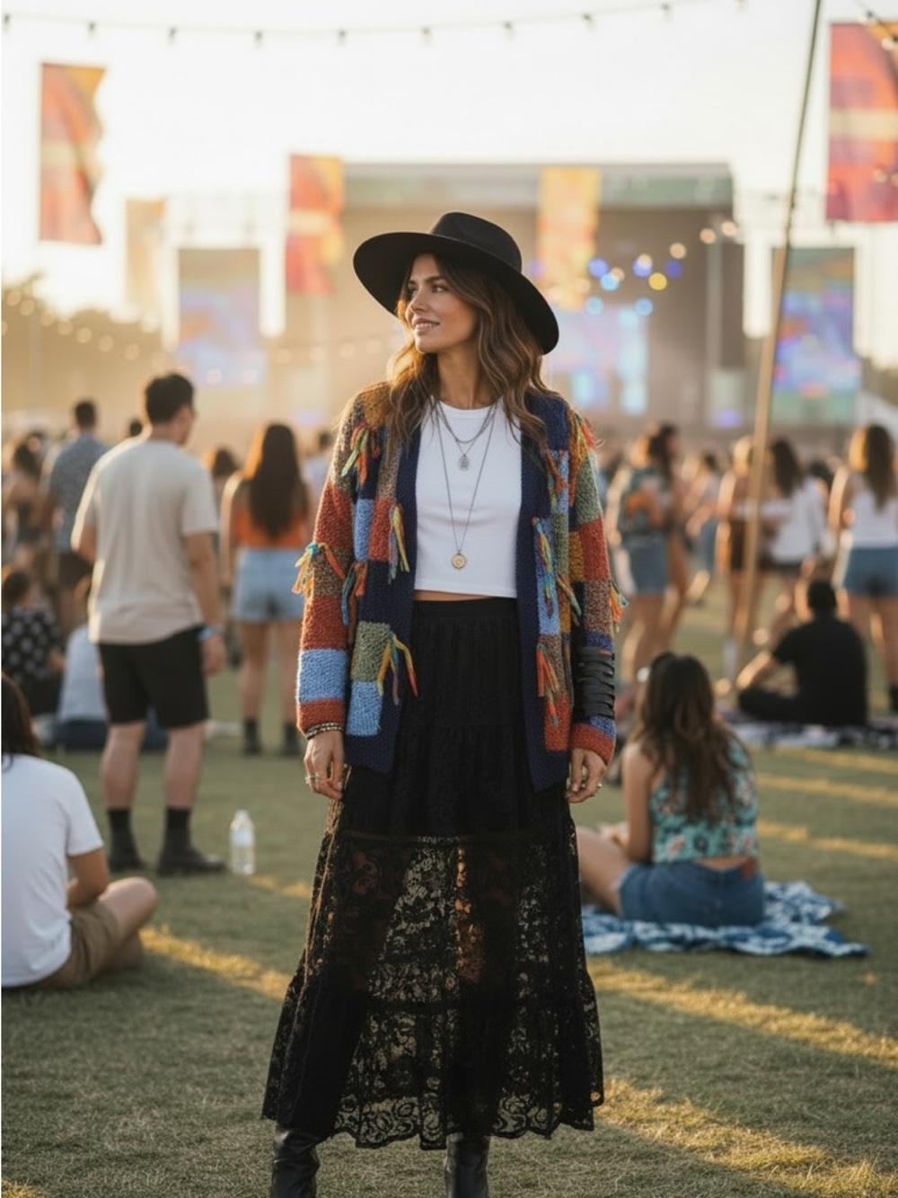 Hand Knit Multicolor Open Cardigan Festival Patchwork Ribbon Tie Hippie Sweater